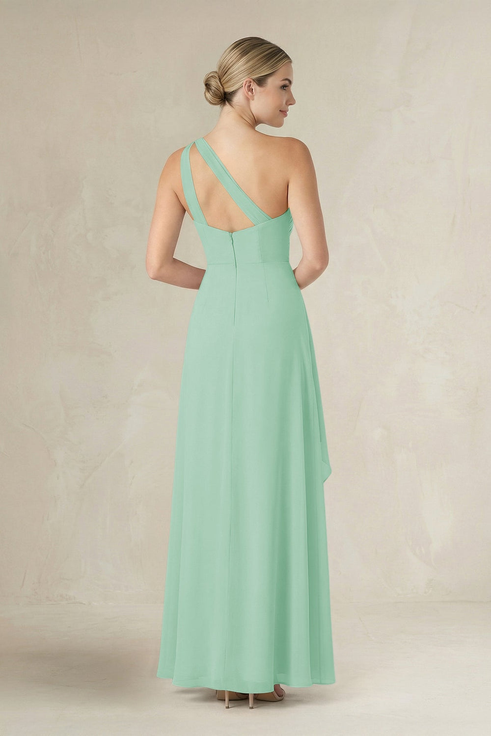 One - Shoulder Sheath Ruched Ruffled Bridesmaid Dress in Pale Pistachio - KISS BRIDAL Bridesmaid Dresses