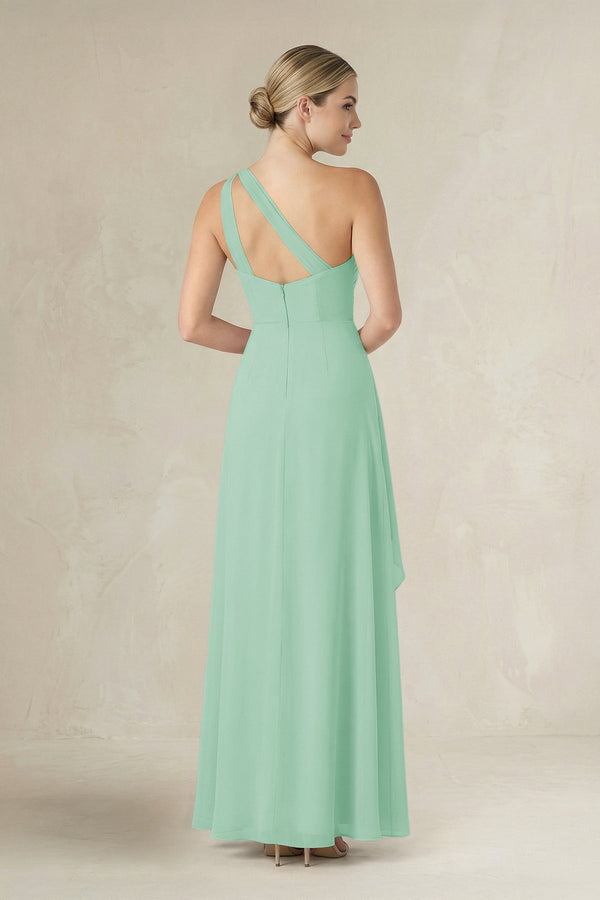 One - Shoulder Sheath Ruched Ruffled Bridesmaid Dress in Pale Pistachio - SHE IS ME Bridesmaid Dresses