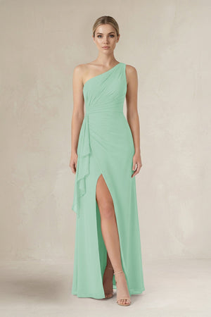 One - Shoulder Sheath Ruched Ruffled Bridesmaid Dress in Pale Pistachio - SHE IS ME Bridesmaid Dresses