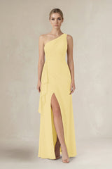 One - Shoulder Sheath Ruched Ruffled Bridesmaid Dress in Pastel Yellow - KISS BRIDAL Bridesmaid Dresses
