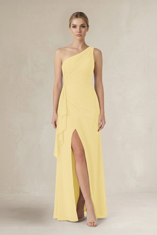 One - Shoulder Sheath Ruched Ruffled Bridesmaid Dress in Pastel Yellow - SHE IS ME Bridesmaid Dresses