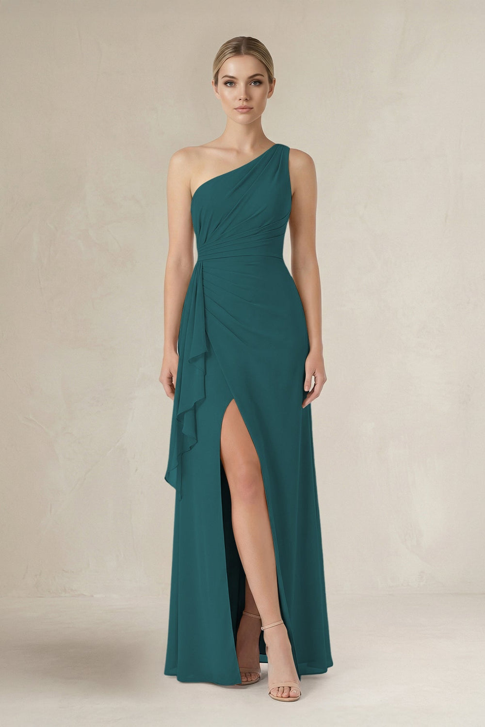 One - Shoulder Sheath Ruched Ruffled Bridesmaid Dress in Pine - KISS BRIDAL Bridesmaid Dresses