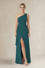One - Shoulder Sheath Ruched Ruffled Bridesmaid Dress in Pine - KISS BRIDAL Bridesmaid Dresses