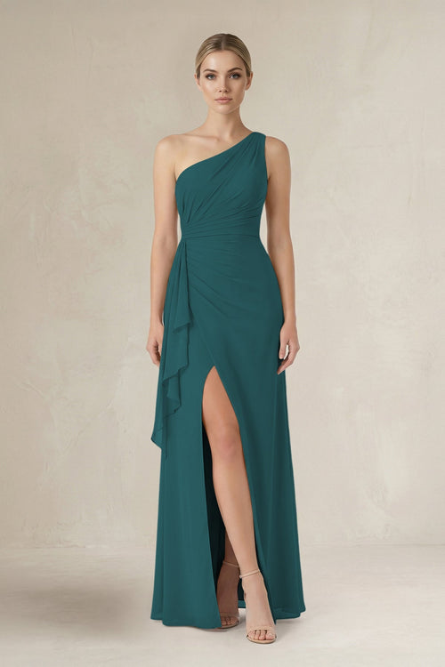 One - Shoulder Sheath Ruched Ruffled Bridesmaid Dress in Pine - SHE IS ME Bridesmaid Dresses