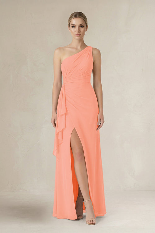 One - Shoulder Sheath Ruched Ruffled Bridesmaid Dress in Rosette - SHE IS ME Bridesmaid Dresses