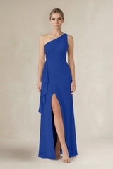 One - Shoulder Sheath Ruched Ruffled Bridesmaid Dress in Royal Blue - KISS BRIDAL Bridesmaid Dresses
