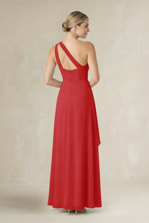 One - Shoulder Sheath Ruched Ruffled Bridesmaid Dress in Ruby Red - SHE IS ME Bridesmaid Dresses