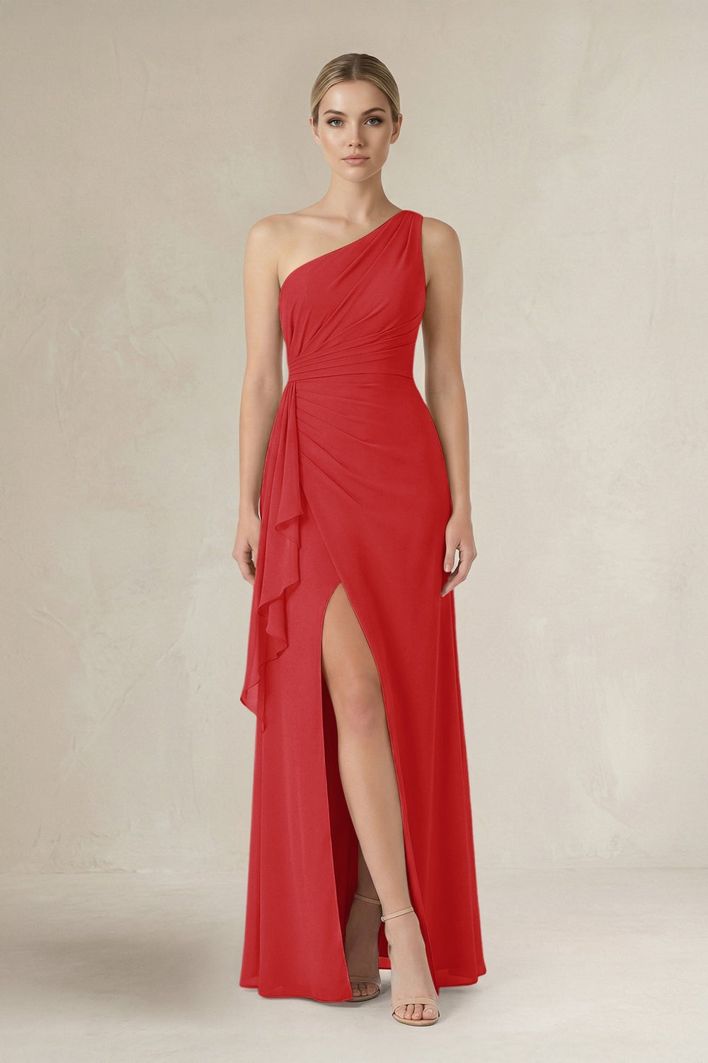 One - Shoulder Sheath Ruched Ruffled Bridesmaid Dress in Ruby Red - KISS BRIDAL Bridesmaid Dresses