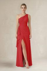 One - Shoulder Sheath Ruched Ruffled Bridesmaid Dress in Ruby Red - KISS BRIDAL Bridesmaid Dresses