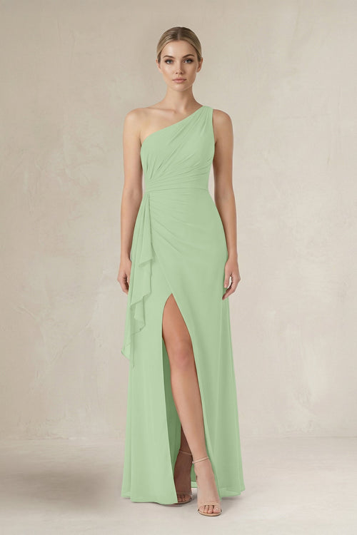 One - Shoulder Sheath Ruched Ruffled Bridesmaid Dress in Sage - SHE IS ME Bridesmaid Dresses