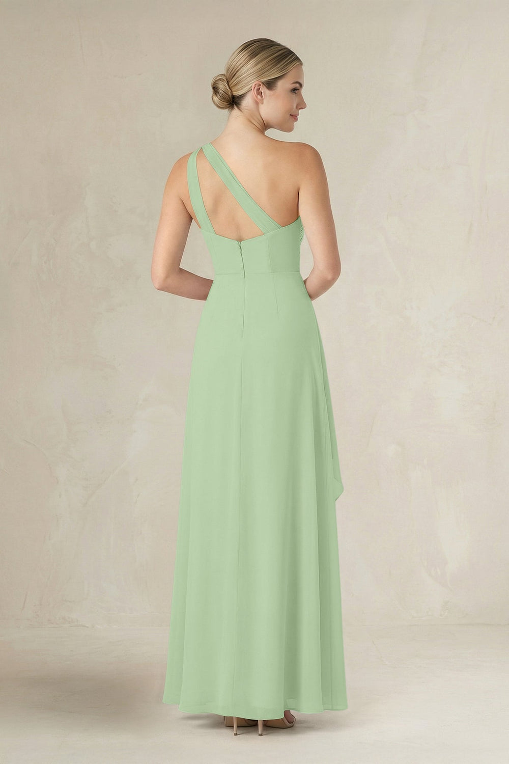 One - Shoulder Sheath Ruched Ruffled Bridesmaid Dress in Sage - KISS BRIDAL Bridesmaid Dresses