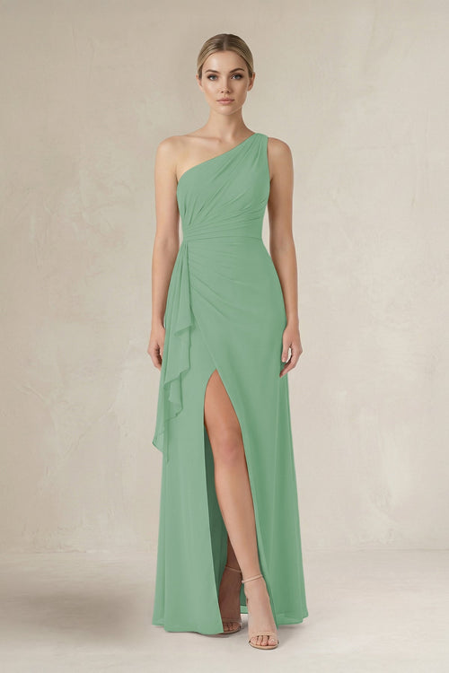 One - Shoulder Sheath Ruched Ruffled Bridesmaid Dress in Sea Glass - SHE IS ME Bridesmaid Dresses