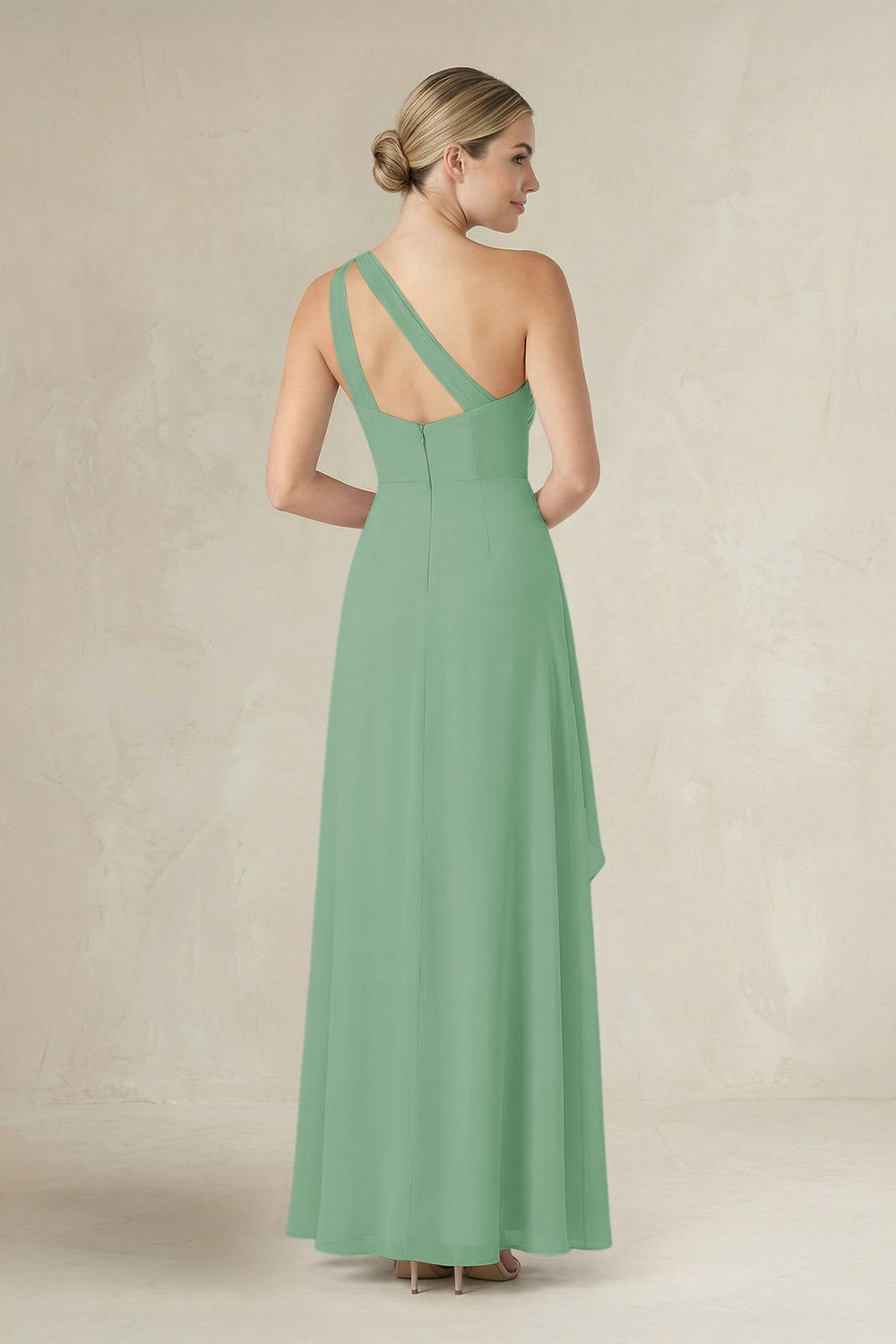 One - Shoulder Sheath Ruched Ruffled Bridesmaid Dress in Sea Glass - KISS BRIDAL Bridesmaid Dresses