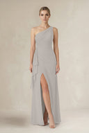 One - Shoulder Sheath Ruched Ruffled Bridesmaid Dress in Silver - SHE IS ME Bridesmaid Dresses