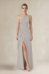 One - Shoulder Sheath Ruched Ruffled Bridesmaid Dress in Silver - KISS BRIDAL Bridesmaid Dresses