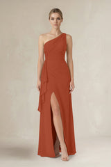 One - Shoulder Sheath Ruched Ruffled Bridesmaid Dress in Spice - KISS BRIDAL Bridesmaid Dresses