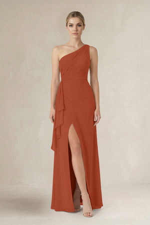 One - Shoulder Sheath Ruched Ruffled Bridesmaid Dress in Spice - SHE IS ME Bridesmaid Dresses