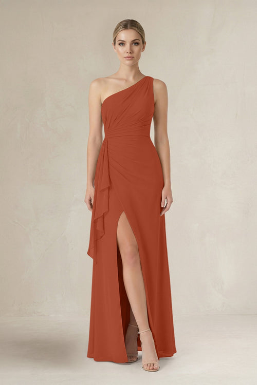 One - Shoulder Sheath Ruched Ruffled Bridesmaid Dress in Spice - SHE IS ME Bridesmaid Dresses