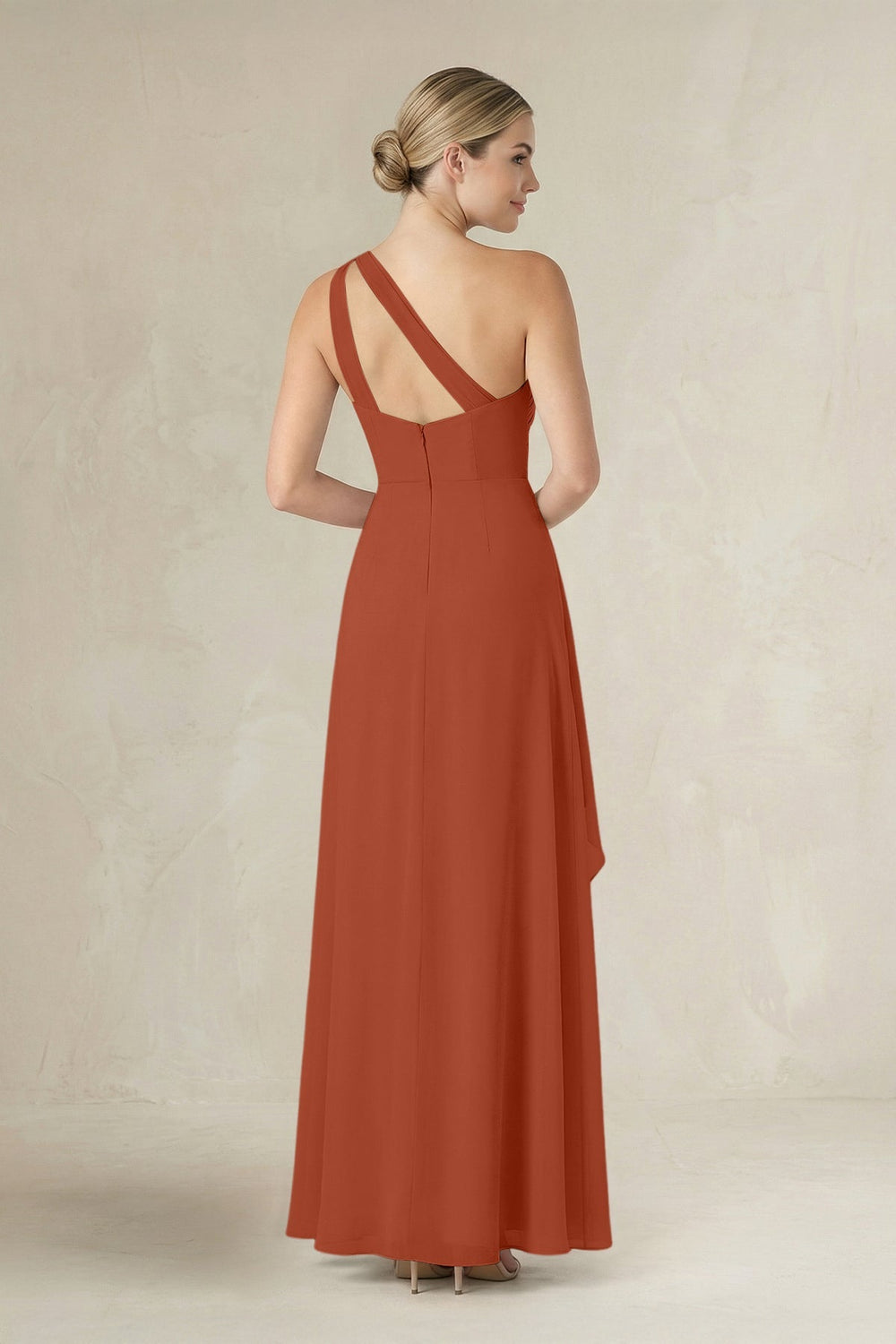 One - Shoulder Sheath Ruched Ruffled Bridesmaid Dress in Spice - KISS BRIDAL Bridesmaid Dresses