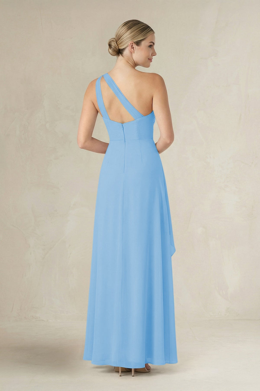 One - Shoulder Sheath Ruched Ruffled Bridesmaid Dress in Steel Blue - KISS BRIDAL Bridesmaid Dresses
