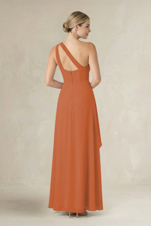 One - Shoulder Sheath Ruched Ruffled Bridesmaid Dress in Terracotta - SHE IS ME Bridesmaid Dresses