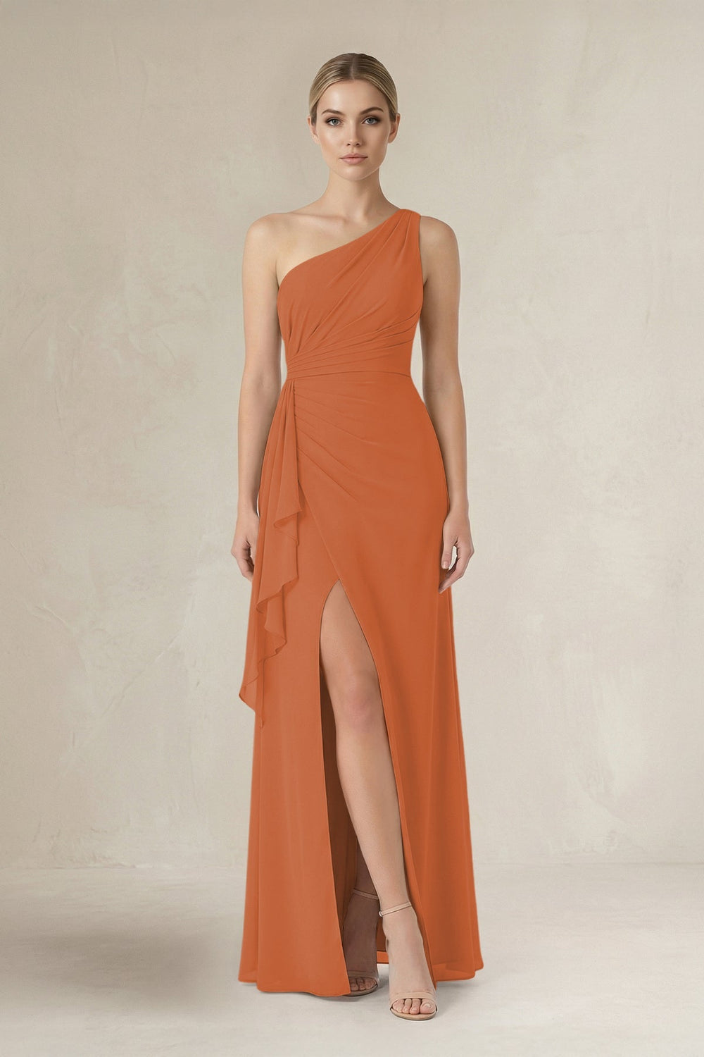One - Shoulder Sheath Ruched Ruffled Bridesmaid Dress in Terracotta - KISS BRIDAL Bridesmaid Dresses