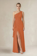 One - Shoulder Sheath Ruched Ruffled Bridesmaid Dress in Terracotta - SHE IS ME Bridesmaid Dresses