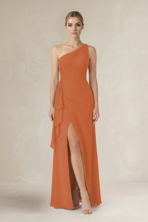 One - Shoulder Sheath Ruched Ruffled Bridesmaid Dress in Terracotta - SHE IS ME Bridesmaid Dresses