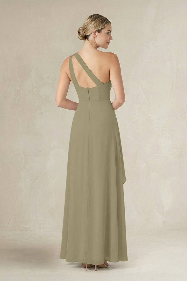 One - Shoulder Sheath Ruched Ruffled Bridesmaid Dress in Thyme - SHE IS ME Bridesmaid Dresses