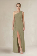 One - Shoulder Sheath Ruched Ruffled Bridesmaid Dress in Thyme - SHE IS ME Bridesmaid Dresses