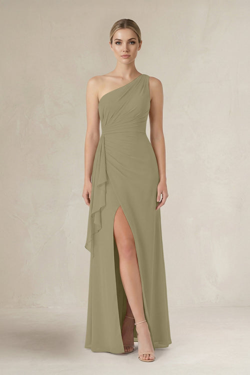 One - Shoulder Sheath Ruched Ruffled Bridesmaid Dress in Thyme - SHE IS ME Bridesmaid Dresses