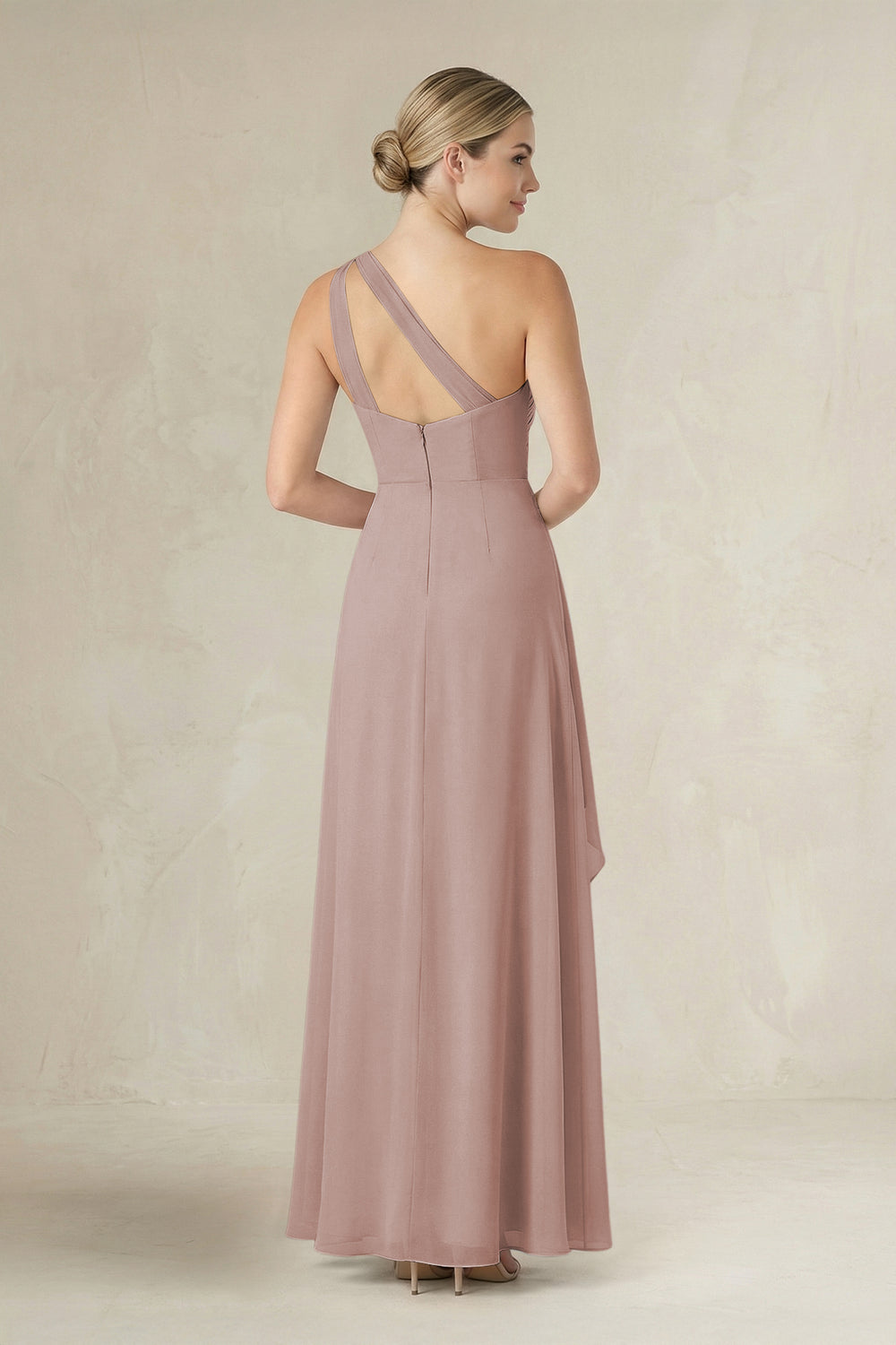 One-Shoulder Sheath Ruched Ruffled Bridesmaid Dress in Toffee