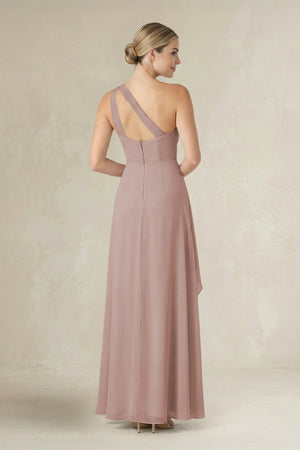 One-Shoulder Sheath Ruched Ruffled Bridesmaid Dress in Toffee (2) | KISSBRIDAL