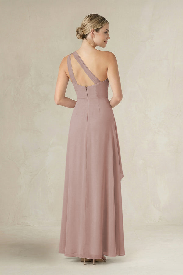 One-Shoulder Sheath Ruched Ruffled Bridesmaid Dress in Toffee (2) | KISSBRIDAL