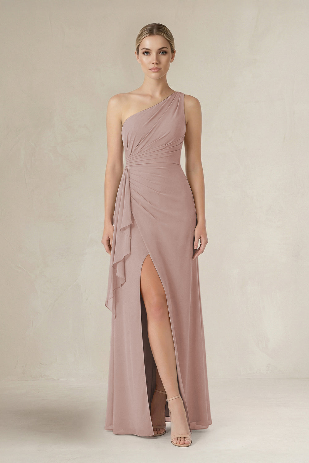 One-Shoulder Sheath Ruched Ruffled Bridesmaid Dress in Toffee