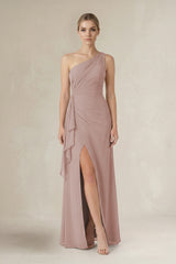 One-Shoulder Sheath Ruched Ruffled Bridesmaid Dress in Toffee | KISSBRIDAL