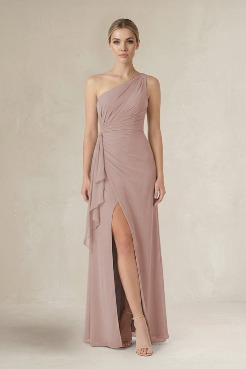 One-Shoulder Sheath Ruched Ruffled Bridesmaid Dress in Toffee | KISSBRIDAL