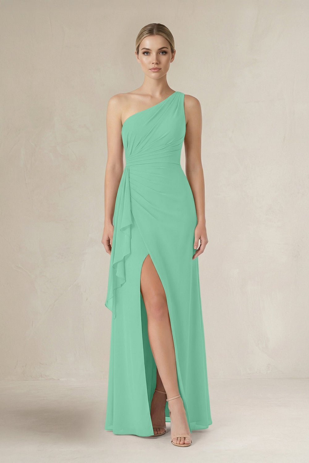 One - Shoulder Sheath Ruched Ruffled Bridesmaid Dress in Turquoise - KISS BRIDAL Bridesmaid Dresses