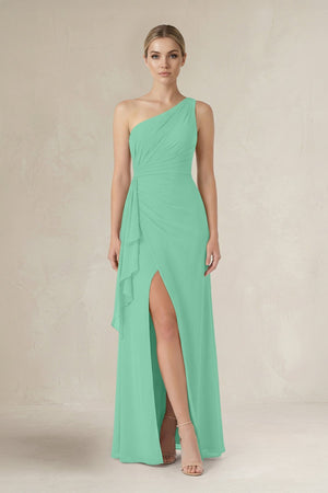 One - Shoulder Sheath Ruched Ruffled Bridesmaid Dress in Turquoise - SHE IS ME Bridesmaid Dresses