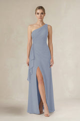 One - Shoulder Sheath Ruched Ruffled Bridesmaid Dress in Twilight - KISS BRIDAL Bridesmaid Dresses