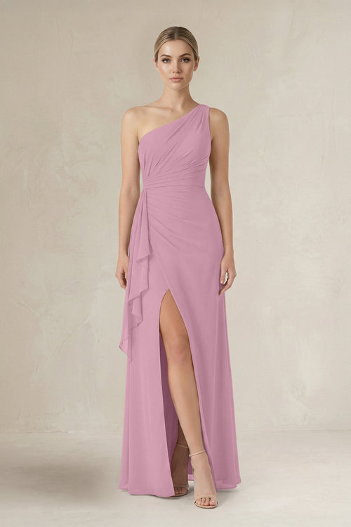 One - Shoulder Sheath Ruched Ruffled Bridesmaid Dress in Vintage Mauve - SHE IS ME Bridesmaid Dresses
