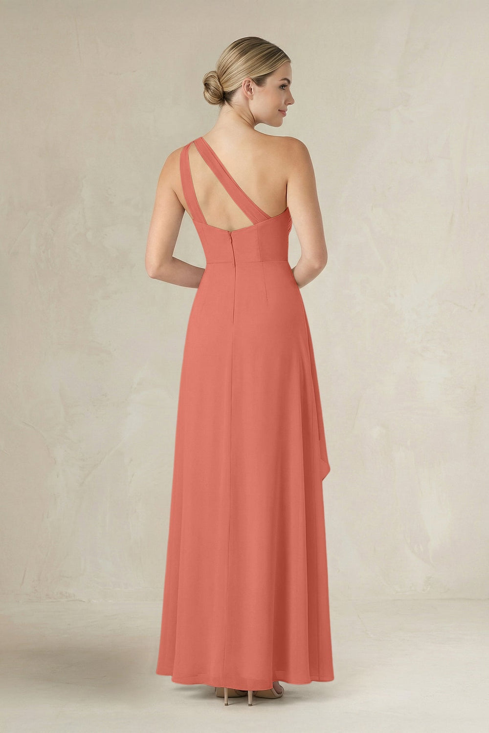 One - Shoulder Sheath Ruched Ruffled Bridesmaid Dress in Wild Rose - KISS BRIDAL Bridesmaid Dresses