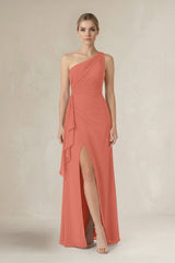 One - Shoulder Sheath Ruched Ruffled Bridesmaid Dress in Wild Rose - KISS BRIDAL Bridesmaid Dresses