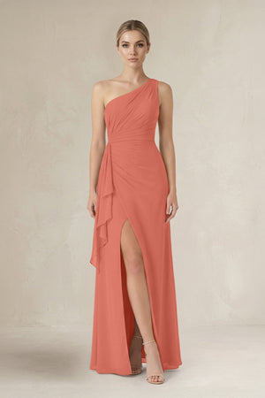 One - Shoulder Sheath Ruched Ruffled Bridesmaid Dress in Wild Rose - SHE IS ME Bridesmaid Dresses