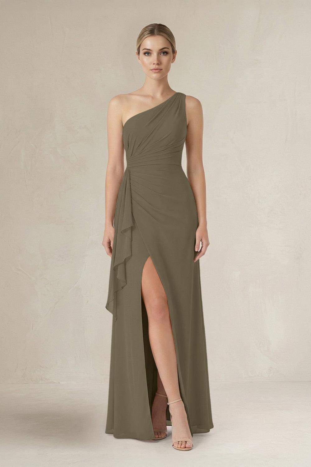 One - Shoulder Sheath Ruched Ruffled Bridesmaid Dress in Willow Green - KISS BRIDAL Bridesmaid Dresses