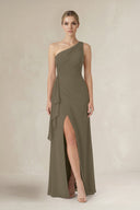 One - Shoulder Sheath Ruched Ruffled Bridesmaid Dress in Willow Green - SHE IS ME Bridesmaid Dresses