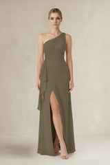 One - Shoulder Sheath Ruched Ruffled Bridesmaid Dress in Willow Green - KISS BRIDAL Bridesmaid Dresses