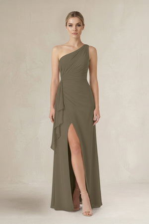 One - Shoulder Sheath Ruched Ruffled Bridesmaid Dress in Willow Green - SHE IS ME Bridesmaid Dresses
