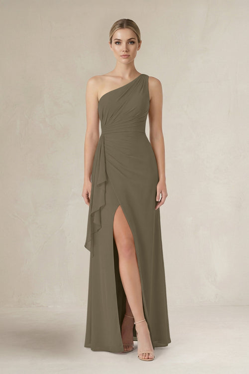 One - Shoulder Sheath Ruched Ruffled Bridesmaid Dress in Willow Green - SHE IS ME Bridesmaid Dresses