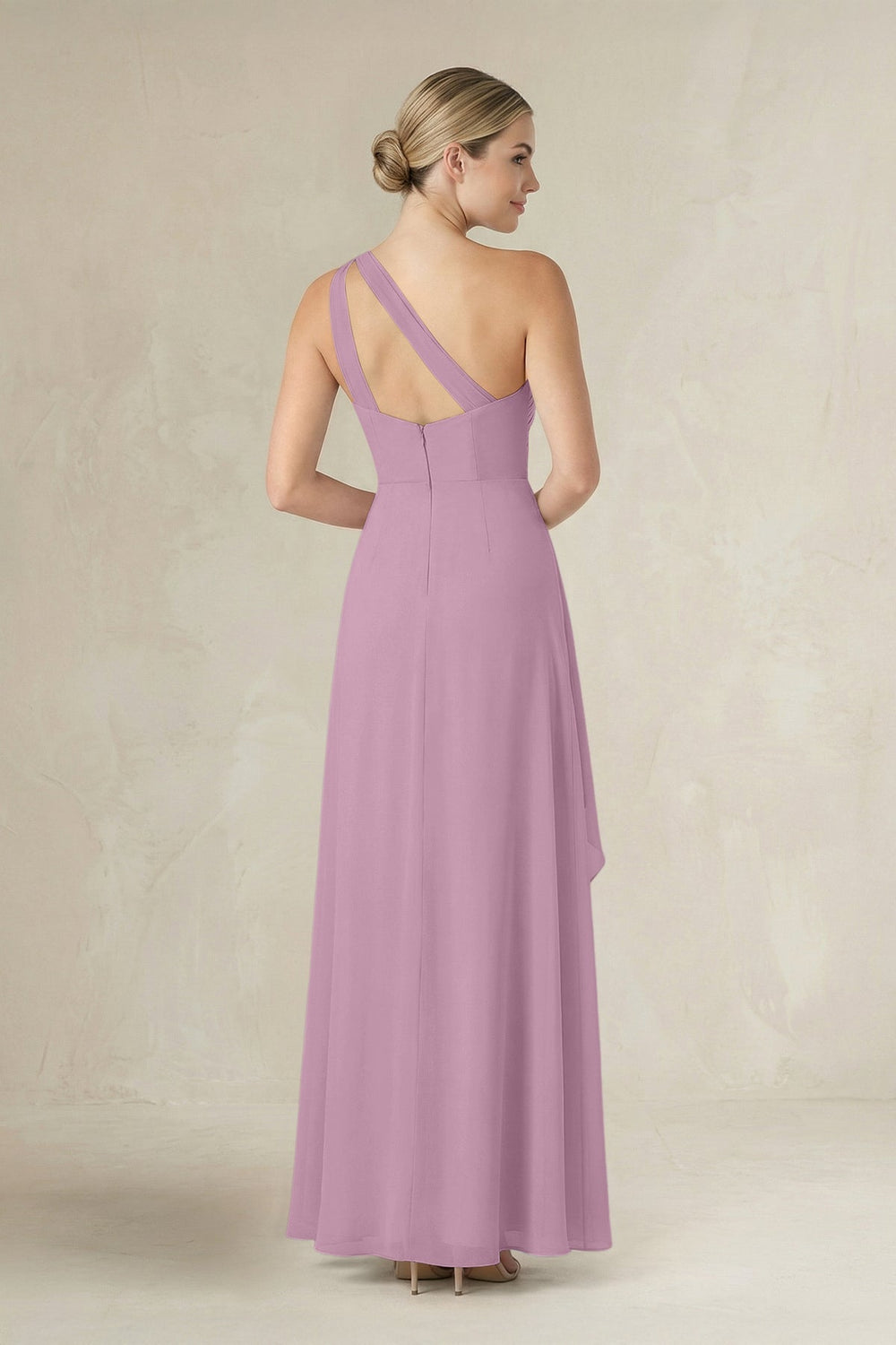 One - Shoulder Sheath Ruched Ruffled Bridesmaid Dress in Wisteria - KISS BRIDAL Bridesmaid Dresses
